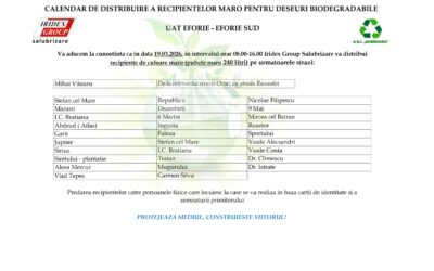 CALENDAR DE DISTRIBUIRE A RECIPIENTELOR MARO PENTRU DESEURI BIODEGRADABILE UAT EFORIE – EFORIE SUD