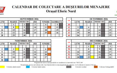 CALENDAR DE COLECTARE A DEȘEURILOR MENAJERE Orașul Eforie Nord – revenire la program de zi
