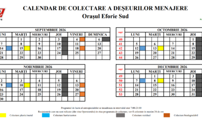 CALENDAR DE COLECTARE A DEȘEURILOR MENAJERE Orașul Eforie SUD – revenire la program de zi